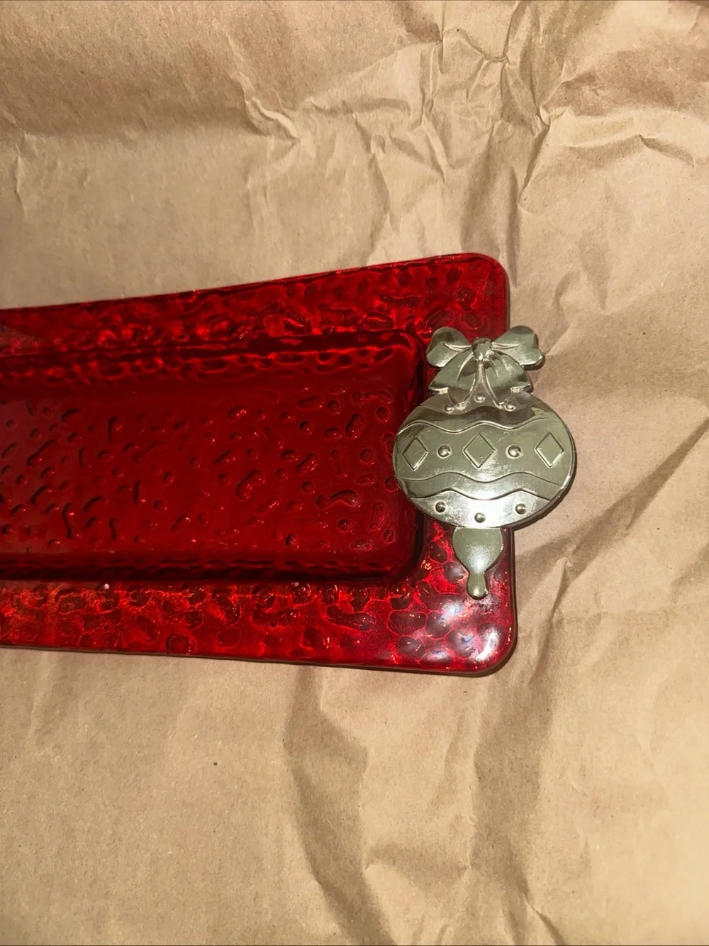 Red Glass Vanity Tray with Silver ornament Accent Handles Christmas